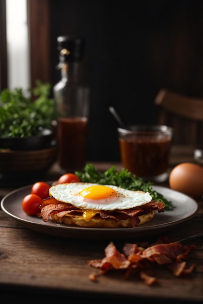 desayuno de tocino y huevo en una mesa de madera