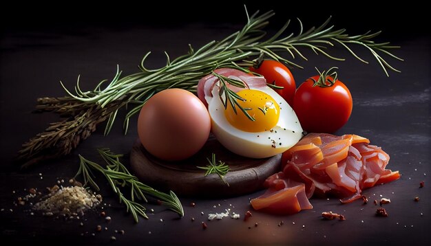 Desayuno con tocino de huevo, tomates y hierbas sobre un fondo negro generativo ai