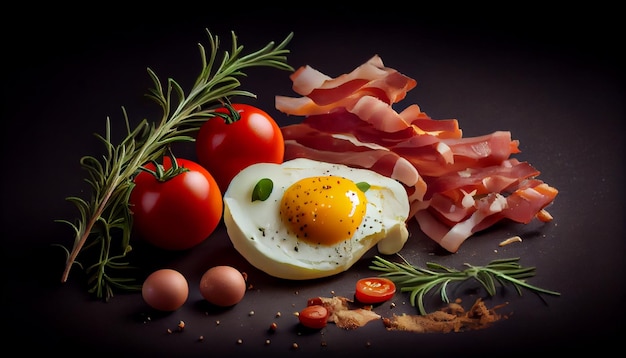 Desayuno con tocino de huevo, tomates y hierbas sobre un fondo negro generativo ai