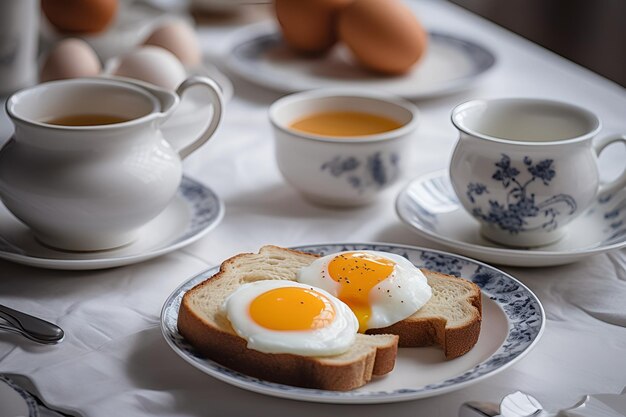 Desayuno tradicional con huevos fritos y tostadas en el plato generado por IA