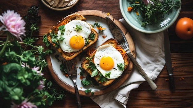 Desayuno tradicional inglés huevo frito con yema sobre tostada con ensalada vista superior Cocina rústica casera