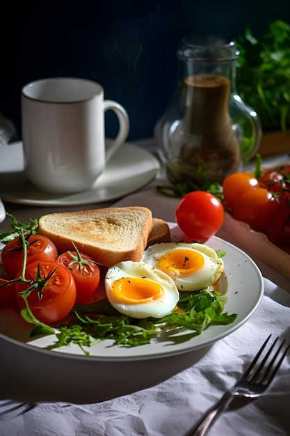 Desayuno tradicional con tostadas de huevos fritos y ensalada en el plato generado por IA