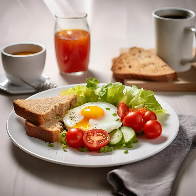 Desayuno tradicional con tostadas de huevos fritos y ensalada en el plato generado por IA