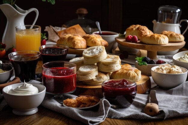 Desayuno untado con scones mermelada y crema creado con IA generativa