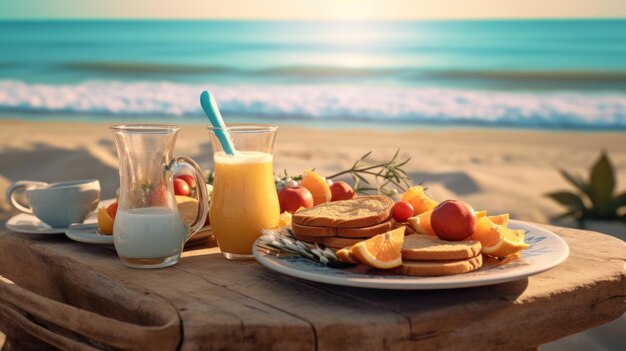 Foto desayuno de verano en la playa