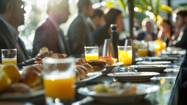 Un desayuno vigoroso por la mañana temprano donde atletas y hombres y mujeres de negocios planean su estrategia para un mercado competitivo