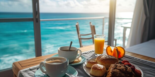 Foto desayuno con vista al océano y un vaso de jugo de naranja