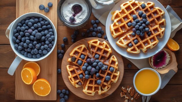 Desayuno de waffle con arándanos vista de arriba hacia abajo