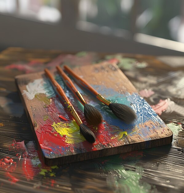 Desbloqueando a expressão artística em close-up de uma paleta de madeira adornada com cores vibrantes capturando a essência da criatividade e da arte