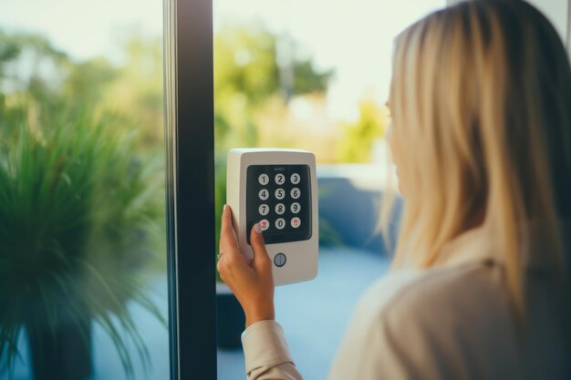 Foto desbloquear a segurança uma mulher loira secretamente insere o código de alarme no teclado de segurança da casa