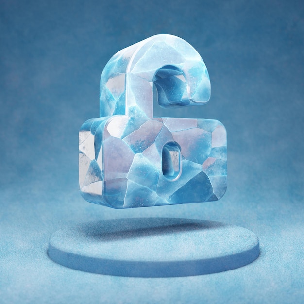 Desbloquear icono. Símbolo de desbloqueo de hielo azul agrietado en el podio de nieve azul. Icono de redes sociales para sitio web, presentación, elemento de plantilla de diseño. Render 3D.