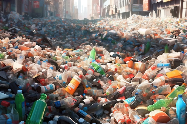 Desbordamiento de calles de la ciudad con botellas de plástico que simbolizan un posible futuro de eliminación de residuos sin control Ilustración realista de IA generativa