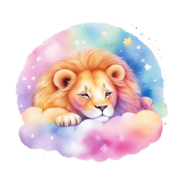 Descansando nos braços de uma nuvem Uma confortável imagem de desenho animado de um leãozinho dormindo