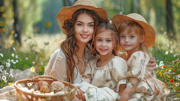 Descansando en un picnic al aire libre en un bosque es una encantadora madre y sus adorables hijas familia de contenido de moda