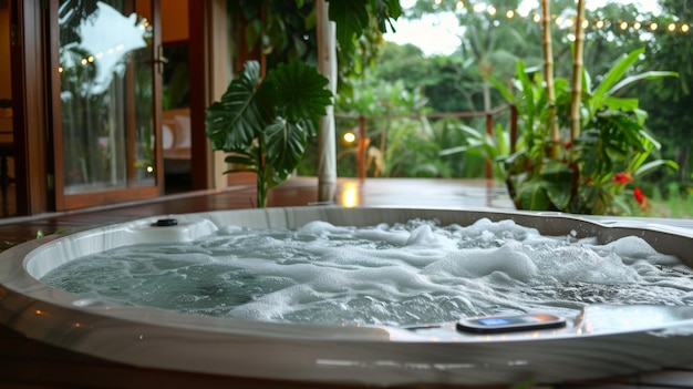 Descanse en el jacuzzi al aire libre situado en la cubierta de los bungalows y sienta sus preocupaciones derretirse d plano