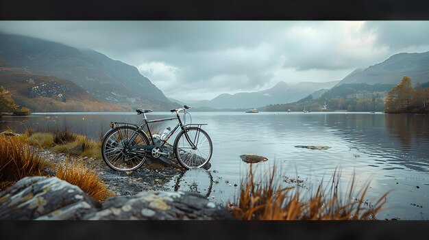 Foto descanso en bicicleta por el paisaje y la historia antigua del lago escocés de serene