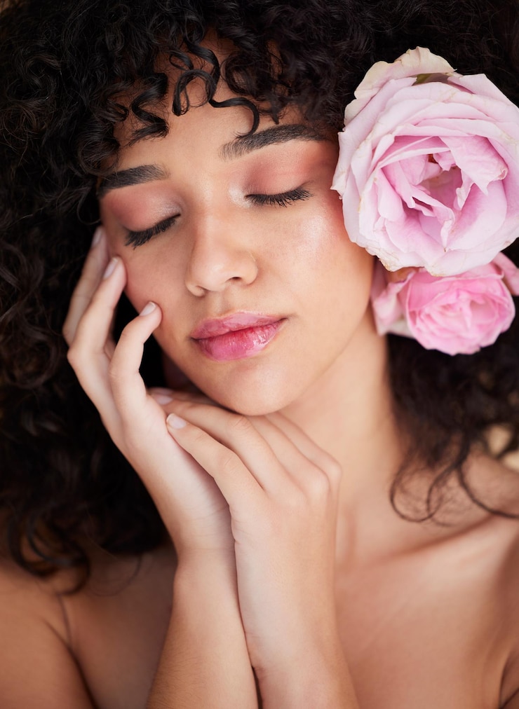 Foto descanso de flores e rosto de mulher com cosméticos de maquiagem e beleza para glamour de bem-estar e brilho no estúdio salon estética spa e menina com os olhos fechados para cuidados com a pele natural e tratamento facial