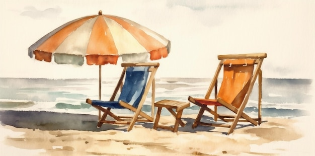 Descanso em aquarela de fundo relaxe oceano praia guarda-chuva férias verão cadeira resort Generative AI