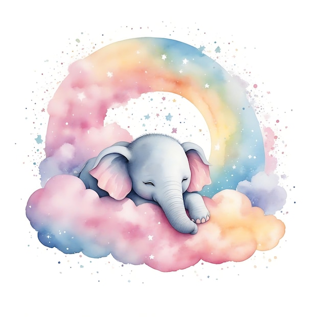 Descanso feliz Una deliciosa ilustración en acuarela de un elefante pequeño en las nubes