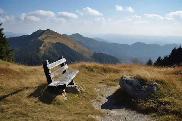 Descanso en las montañas y banco en las montañas AI Generado