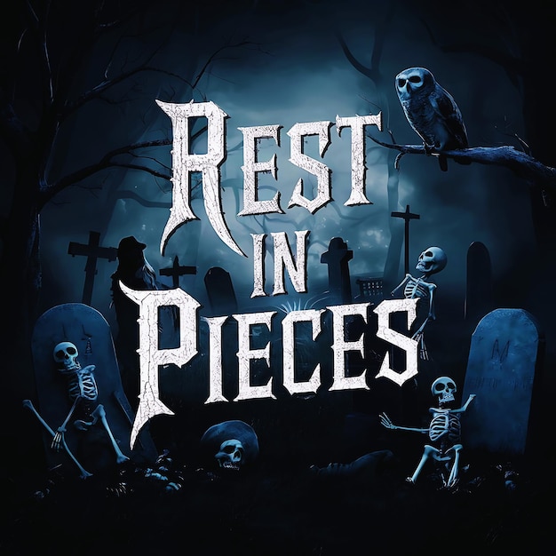 Descanso en pedazos Cementerio espeluznante Feliz ilustración de Halloween con lápidas esqueletos y búho
