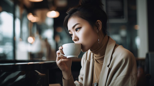 Descanso relajante para el café con una mujer en la mesa IA generativa