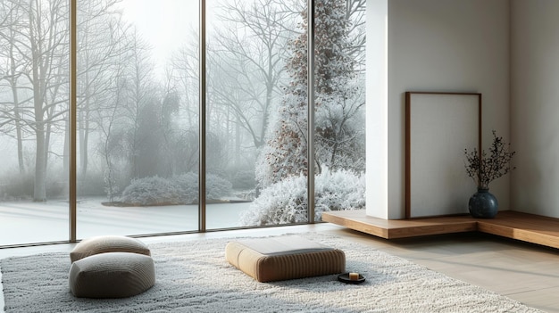 Descanso en el suelo cerca de una gran ventana Luz natural Muebles funcionales Decoración minimalista El marco