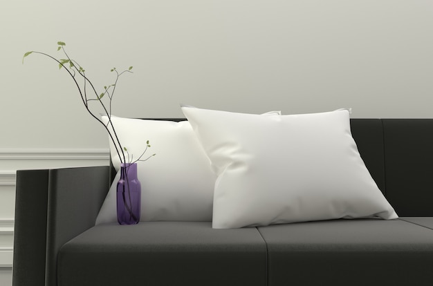 Descansos e plantas brancos no sofá preto. Renderização 3D
