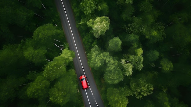 Descapotable rojo cruzando el bosque con vista aérea de arriba hacia abajo