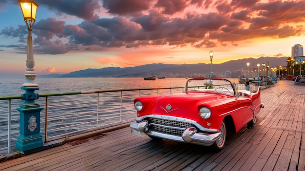 Un descapotable rojo de época en el muelle de Seaside