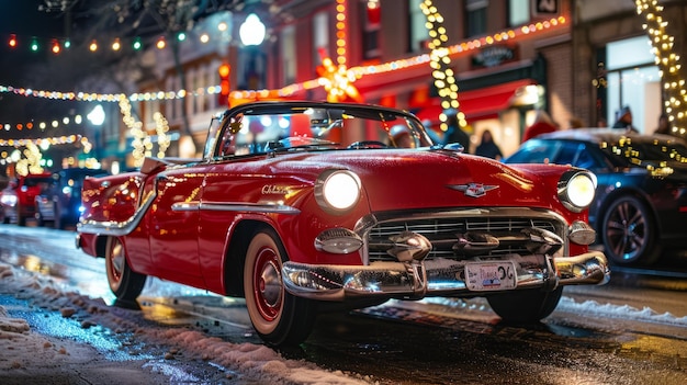 El descapotable rojo retro en el desfile navideño