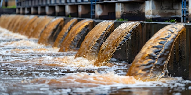 Descarga de aguas residuales marrones en una fábrica industrial en un río salvaje que causa daños ambientales y contaminación del agua Concepto Contaminación del agua Residuos industriales Impacto ambiental