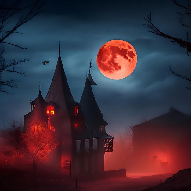 Descarga gratuita de noche de niebla oscura y espeluznante sobre pueblo de fantasía con luna roja en el cielo