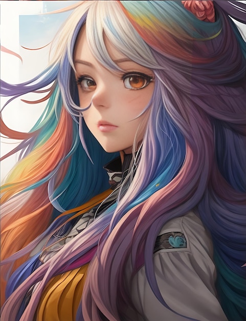 Descarga la imagen de la chica del anime Cabello largo multicolor Determinado aspecto más tamaño Cara detallada