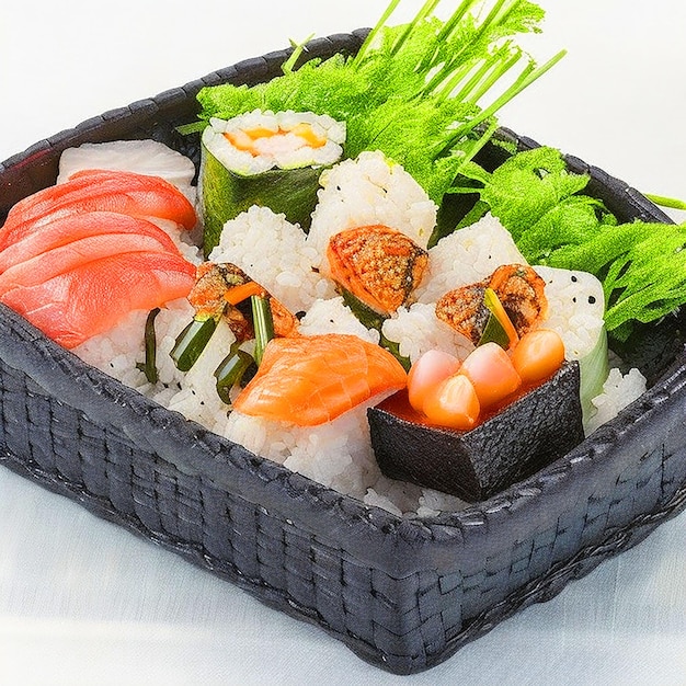 Descarga de imagen de fondo blanco de sushi en una cesta de mimbre negra