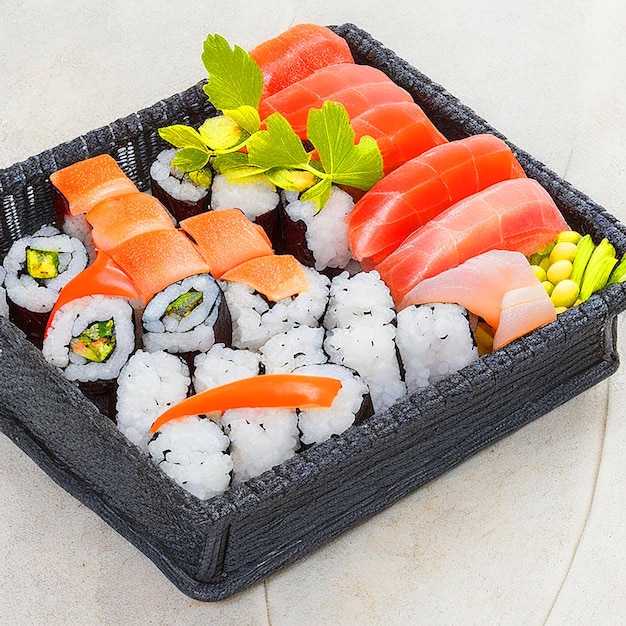 Descarga de imagen de fondo blanco de sushi en una cesta de mimbre negra