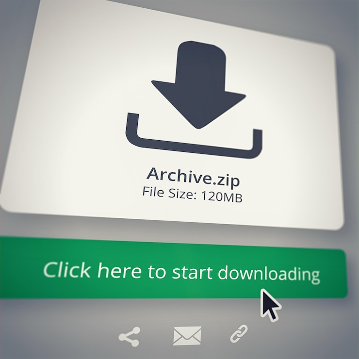 Foto descargas de html y archivo zip para internet o contenido digital y sitio web adjunto de investigación de información entrega de almacenamiento de archivos o archivos en línea con puntero o cursor o medio de página web