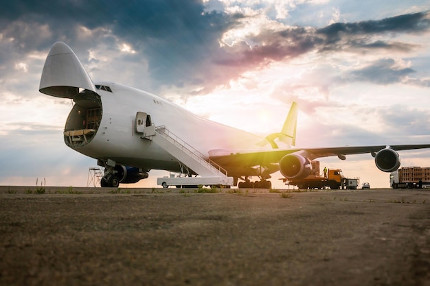 Descarregando avião de carga de transporte de corpo largo sob o sol da manhã