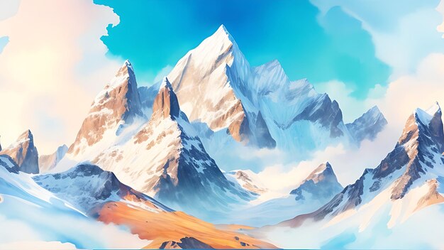 Descarregar Majestic Snowcapped Mountain Range Aquarela Clipart de desenho animado