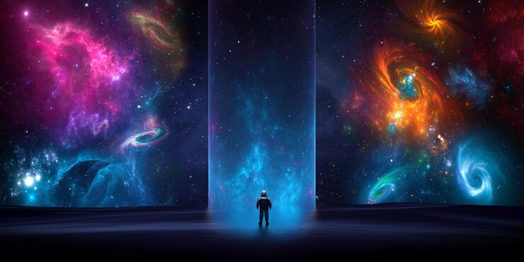 Descoberta de cosmonauta astronauta de novos mundos de galáxias panorama portal de fantasia para universo distante Gateway de exploração espacial de astronauta para outro universo renderização 3d