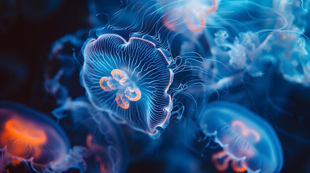 Descoberta no fundo do mar, de perto, de águas-vivas exóticas nadando debaixo d'água