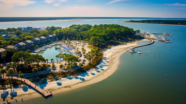 Foto descobrindo a serenidade de hilton head vista aérea do blue ocean pier e marcos turísticos em