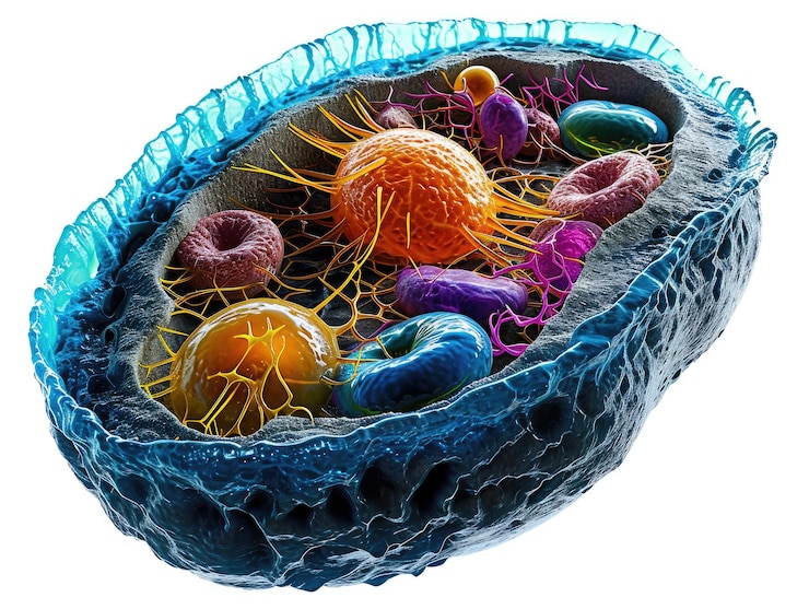 Foto descobrindo as complexidades da estrutura da célula humana, uma viagem ao reino microscópico das membranas organelares e do material genético, decifrando o complexo plano da vida.