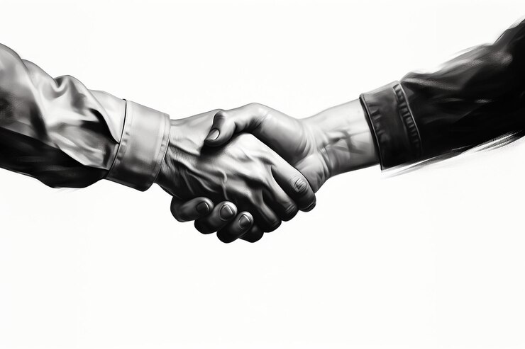 Desconocidos hombres de negocios diversos se estrechan la mano terminando la firma del contrato en la oficina soleada cerca