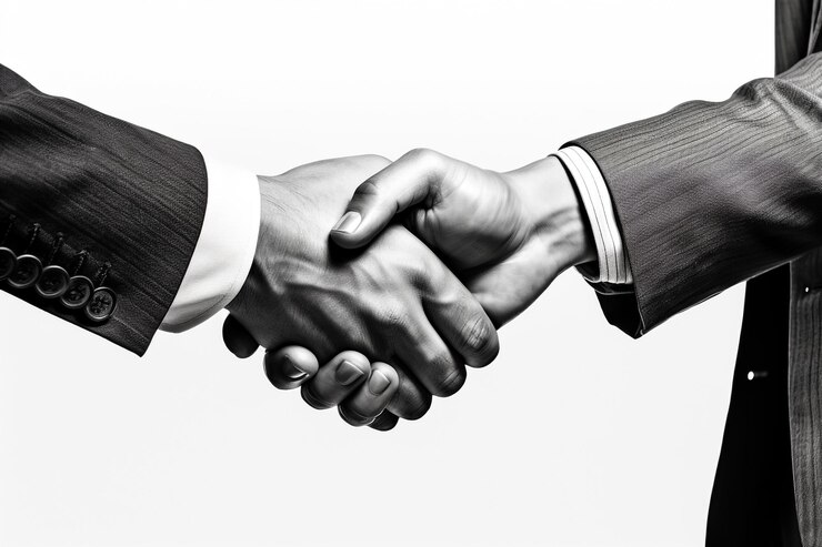 Desconocidos hombres de negocios diversos se estrechan la mano terminando la firma del contrato en la oficina soleada cerca