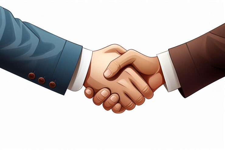 Desconocidos hombres de negocios diversos se estrechan la mano terminando la firma del contrato en la oficina soleada cerca