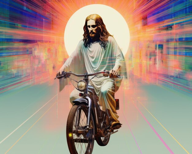 Foto desconstrução divina jesus cristo em uma bicicleta desencadeando a arte de glitch construtivista