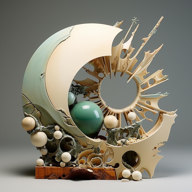 Desconstrucción escultura de cerámica moderna belleza incompleta sol luna materiales compuestos madera