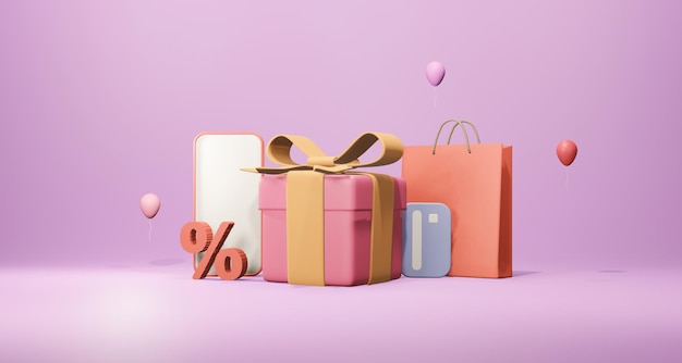 Desconto de promoção de compras online 3D e conceito de mega venda 3d render