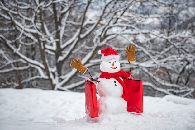 Descontos de férias de Natal e venda de inverno. Boneco de neve em um lenço e um chapéu com sacola de compras. Feliz